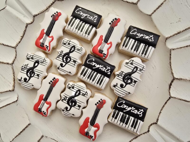 Mini music notes piano guitar shugar cookies 2 inch set red white congrats  congratulations musician gift present best for music teacher - Image 6
