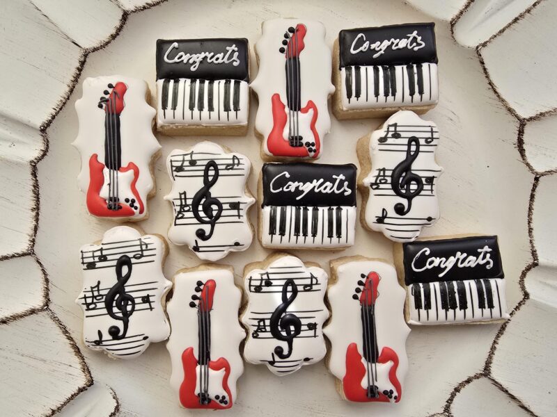 Mini music notes piano guitar shugar cookies 2 inch set red white congrats  congratulations musician gift present best for music teacher - Image 9
