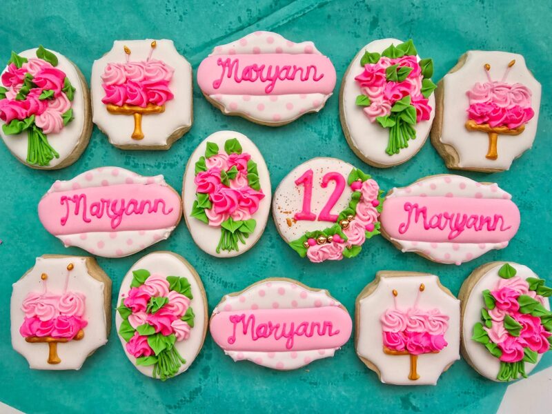 Pink flowers floral birthday anniversary  wedding bridal shower day girl woman shugar cookies pink plaque personalization set sweet gift - Image 2