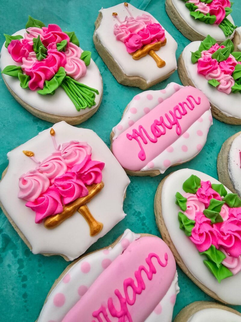 Pink flowers floral birthday anniversary  wedding bridal shower day girl woman shugar cookies pink plaque personalization set sweet gift - Image 3