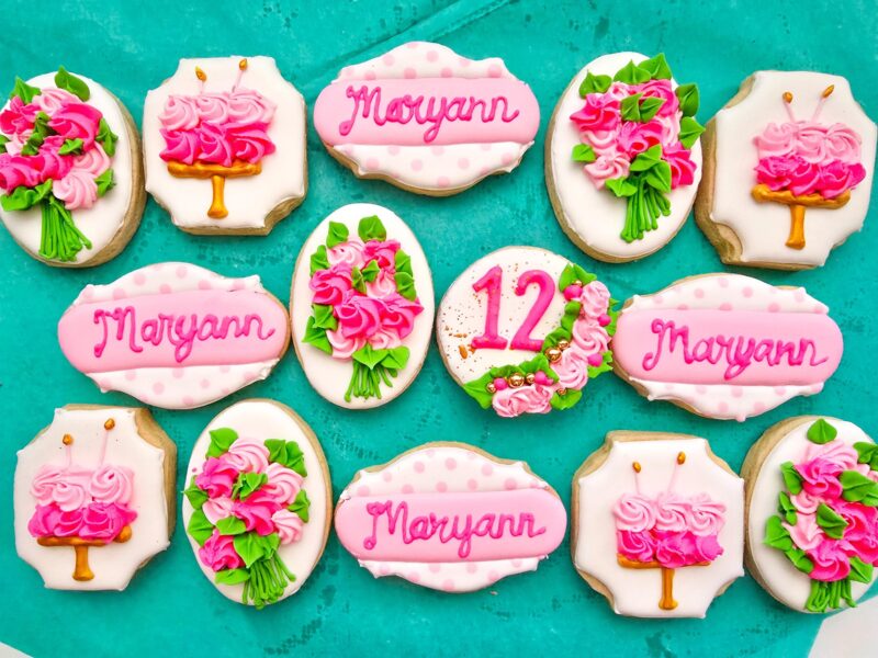Pink flowers floral birthday anniversary  wedding bridal shower day girl woman shugar cookies pink plaque personalization set sweet gift - Image 5