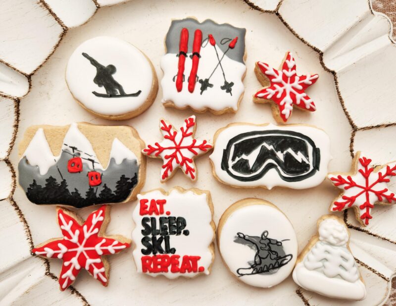 Ski winter sport snow board cookies mountains snowflakes skislope  gift for boy girl red grey white color from scratch hand painted  cookie.