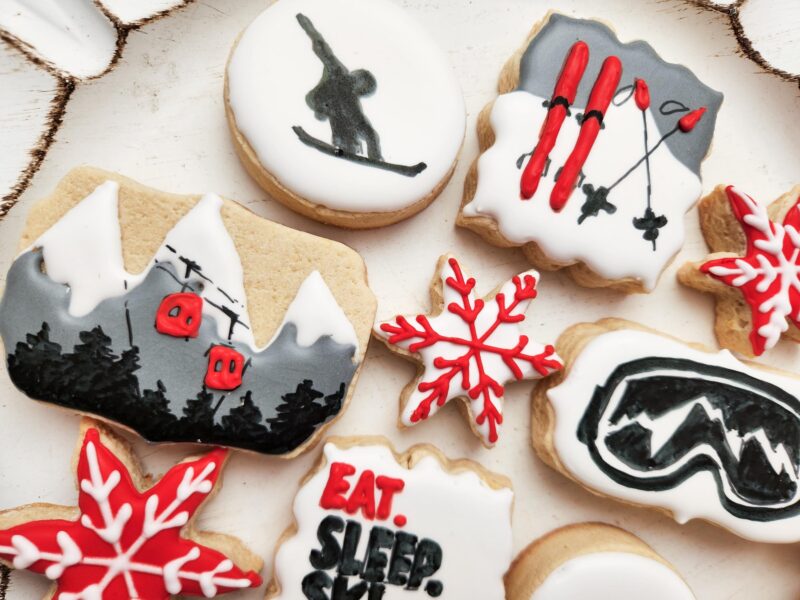 Ski winter sport snow board cookies mountains snowflakes skislope  gift for boy girl red grey white color from scratch hand painted  cookie. - Image 2