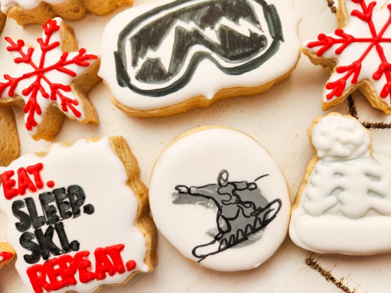 Ski winter sport snow board cookies mountains snowflakes skislope  gift for boy girl red grey white color from scratch hand painted  cookie. - Image 3