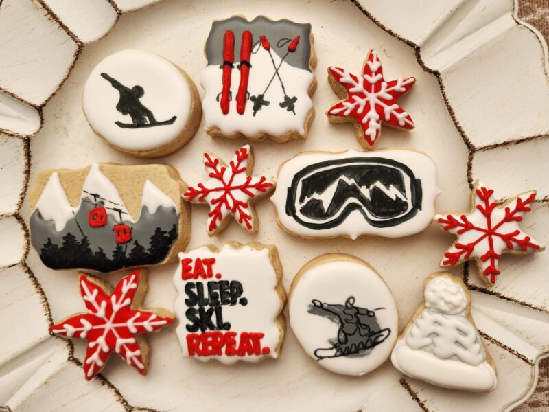 Ski winter sport snow board cookies mountains snowflakes skislope  gift for boy girl red grey white color from scratch hand painted  cookie. - Image 4