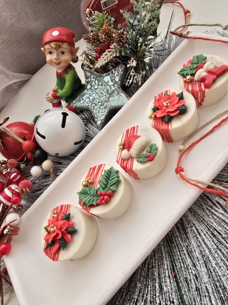 Christmas cake pucks decorated poinsettia phistashio cranbery cream cheese filling yummy mini cakes from 6 pieces - Image 3