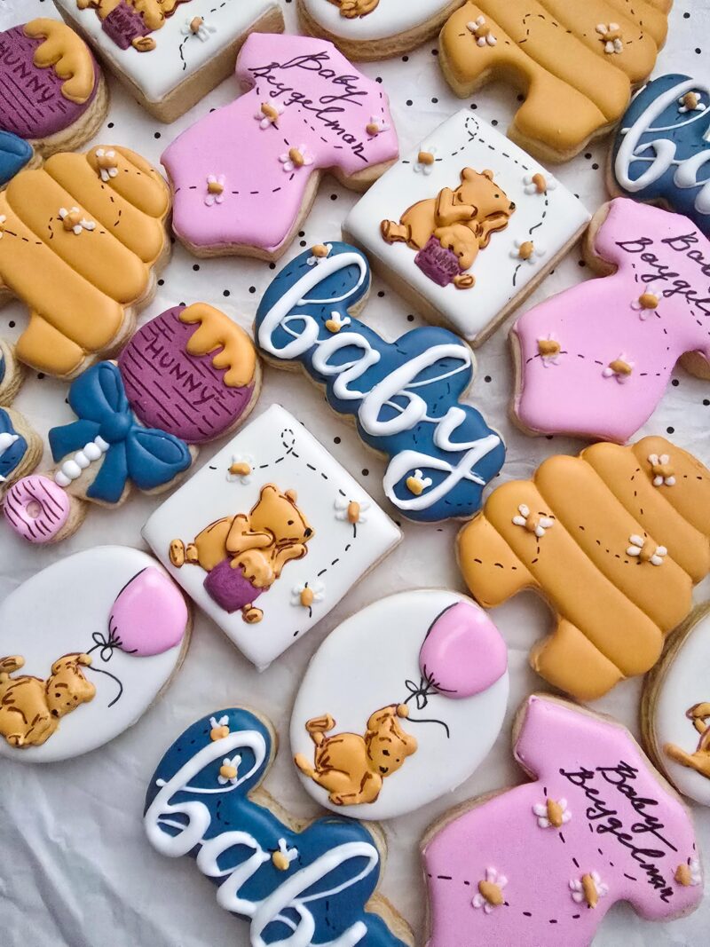 Winnie the pooh girl baby shower reveal party it's  a boy or girl blue pink biege yellow  pastel colors honey funny onesie bees  cookies - Image 3