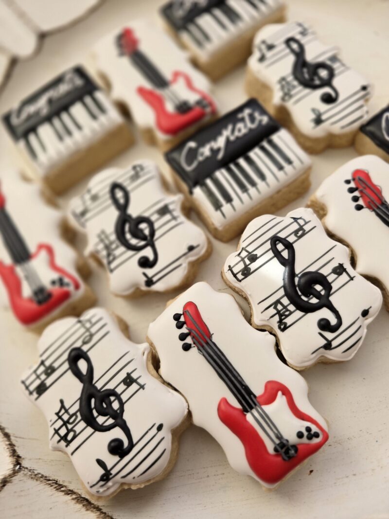 Mini music notes piano guitar shugar cookies 2 inch set red white congrats  congratulations musician gift present best for music teacher - Image 3