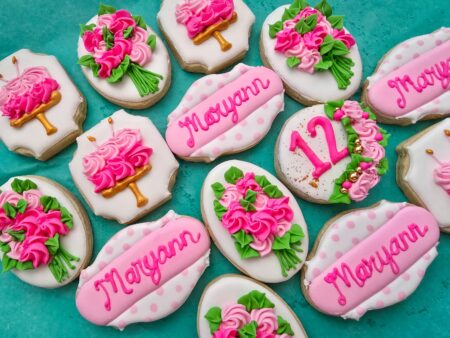 Pink flowers floral birthday anniversary  wedding bridal shower day girl woman shugar cookies pink plaque personalization set sweet gift