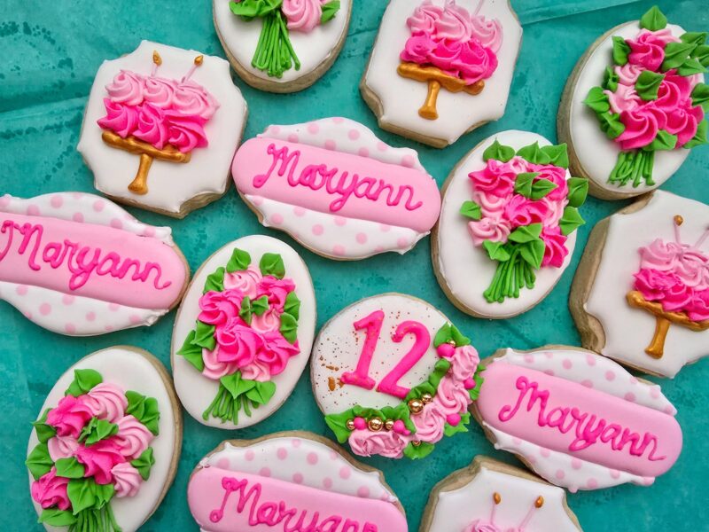 Pink flowers floral birthday anniversary  wedding bridal shower day girl woman shugar cookies pink plaque personalization set sweet gift - Image 6