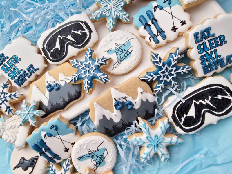 Ski winter sport snow board cookies mountains snowflakes skislope  gift for boy girl red grey white color from scratch hand painted  cookie. - Image 2