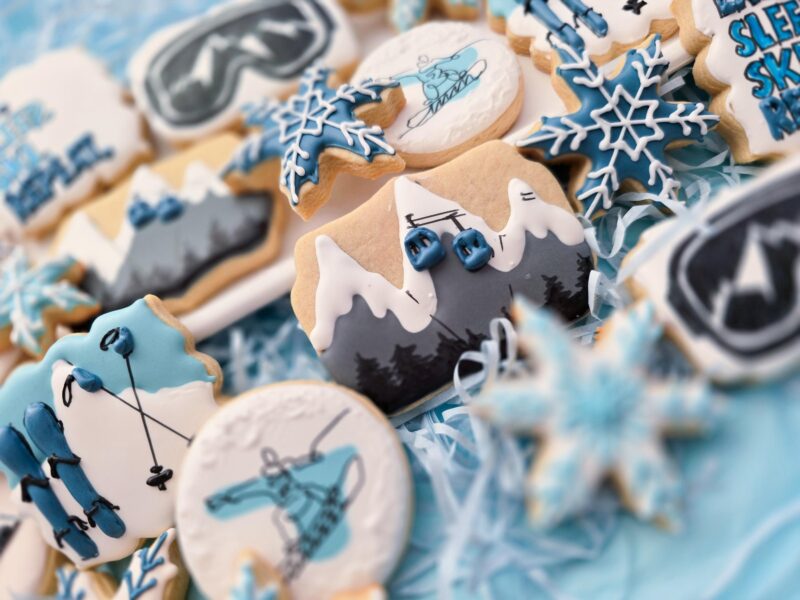 Ski winter sport snow board cookies mountains snowflakes skislope  gift for boy girl red grey white color from scratch hand painted  cookie. - Image 4