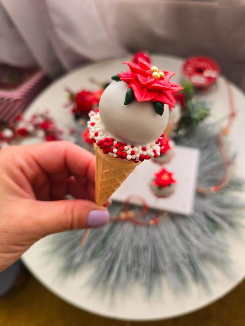 Poincettia christmas cake pops red green icecream cones detailed annyversary cake pop on a stand individually wrapped - Image 6