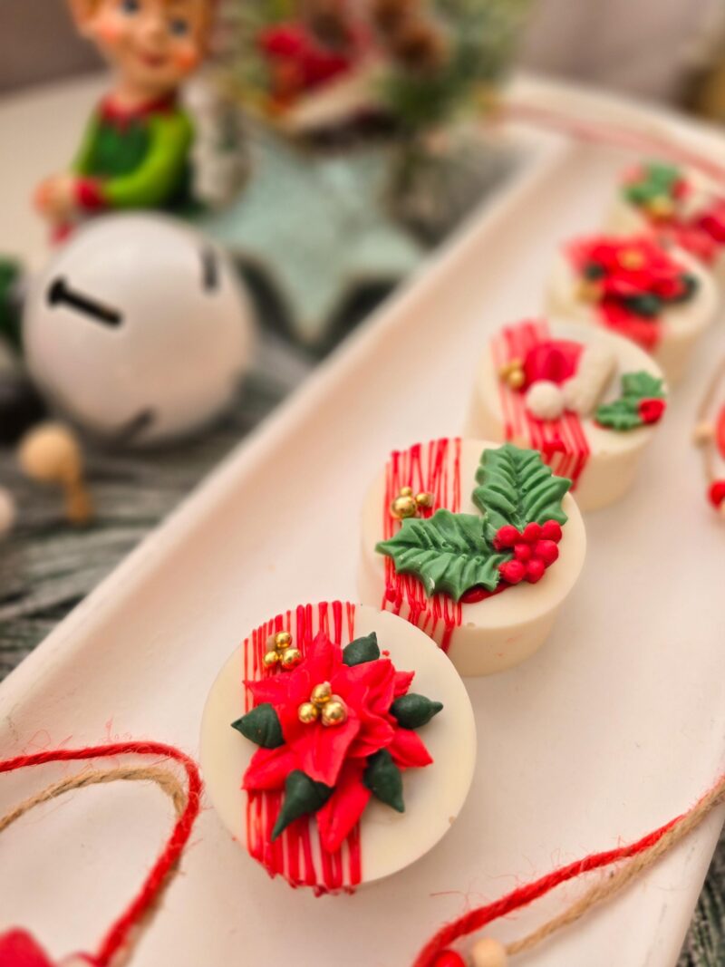 Christmas cake pucks decorated poinsettia phistashio cranbery cream cheese filling yummy mini cakes from 6 pieces - Image 4