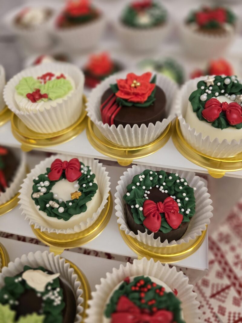 Christmas cake pucks decorated poinsettia phistashio cranbery cream cheese filling yummy mini cakes from 6 pieces - Image 6