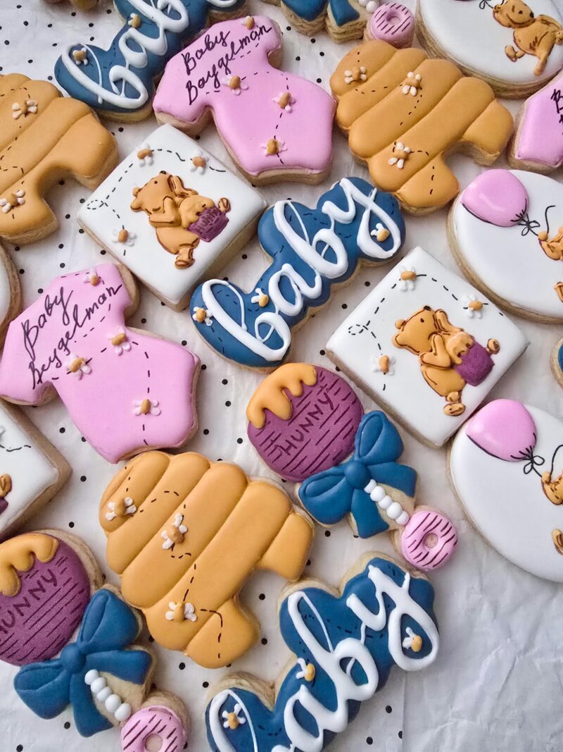 Winnie the pooh girl baby shower reveal party it's  a boy or girl blue pink biege yellow  pastel colors honey funny onesie bees  cookies