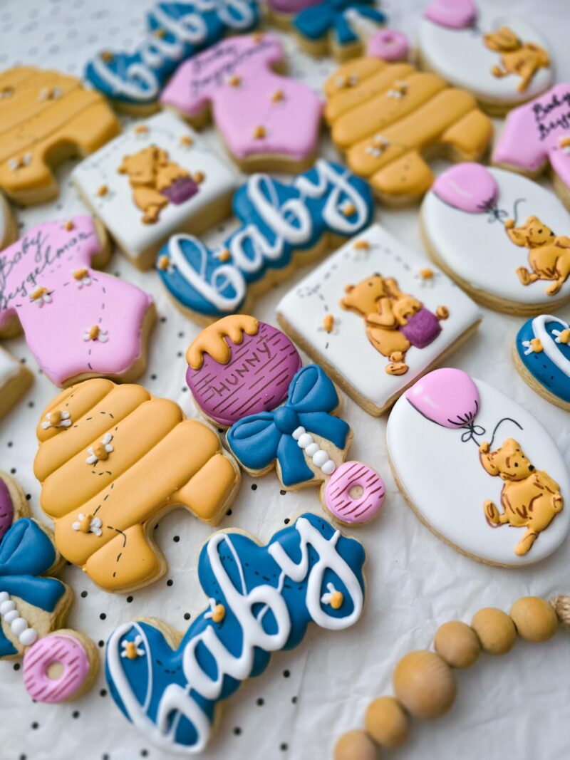 Winnie the pooh girl baby shower reveal party it's  a boy or girl blue pink biege yellow  pastel colors honey funny onesie bees  cookies - Image 7