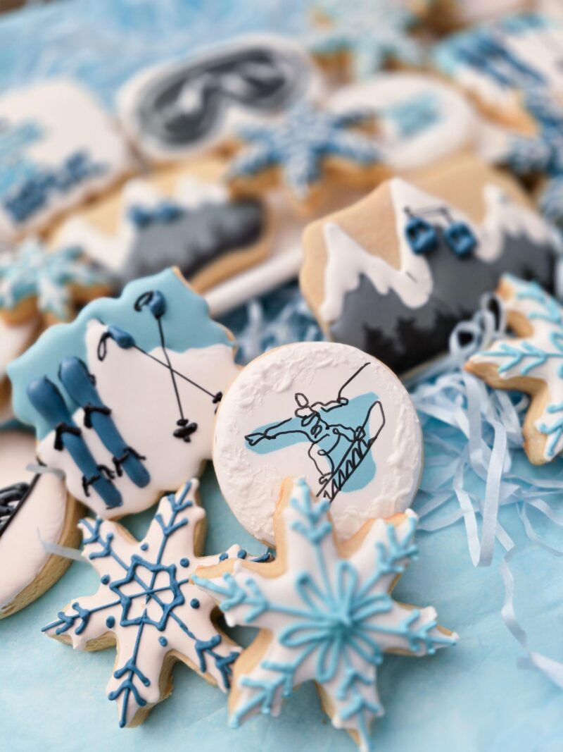 Ski winter sport snow board cookies mountains snowflakes skislope  gift for boy girl red grey white color from scratch hand painted  cookie.