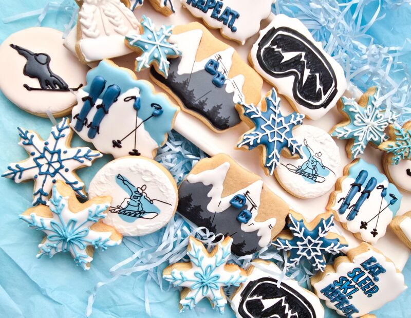 Ski winter sport snow board cookies mountains snowflakes skislope  gift for boy girl red grey white color from scratch hand painted  cookie. - Image 3