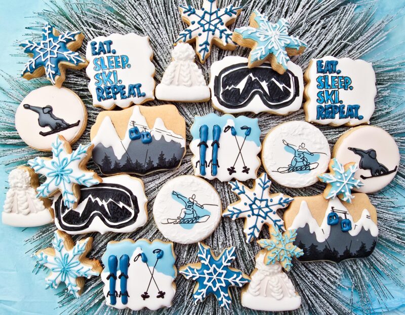 Ski winter sport snow board cookies mountains snowflakes skislope  gift for boy girl red grey white color from scratch hand painted  cookie. - Image 5