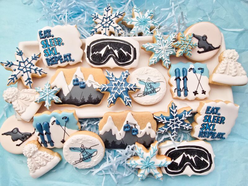 Ski winter sport snow board cookies mountains snowflakes skislope  gift for boy girl red grey white color from scratch hand painted  cookie. - Image 6