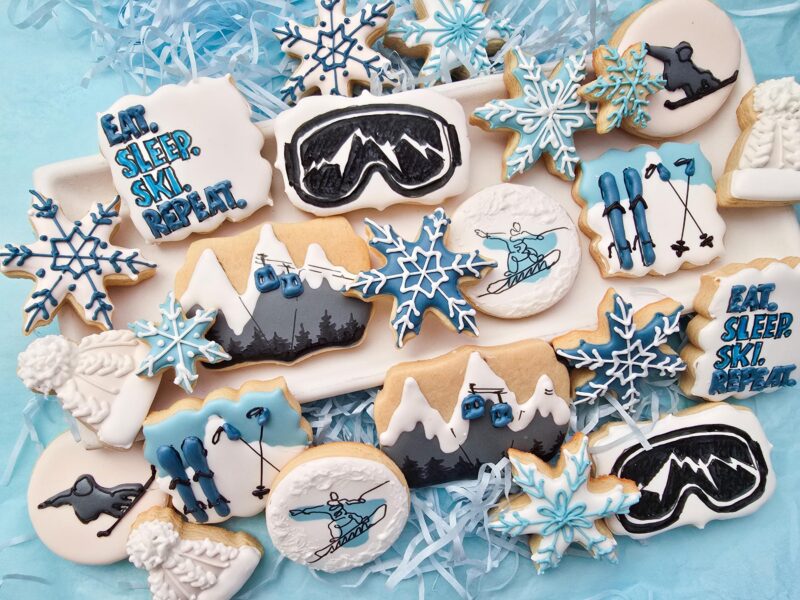 Ski winter sport snow board cookies mountains snowflakes skislope  gift for boy girl red grey white color from scratch hand painted  cookie. - Image 7