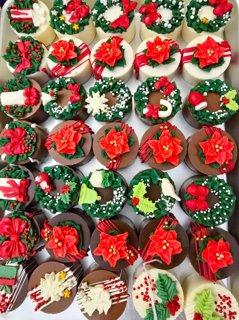 Christmas cake pucks decorated poinsettia phistashio cranbery cream cheese filling yummy mini cakes from 6 pieces - Image 5