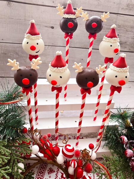 Christmas cake pops red green pink blue detailed annyversary cake pop on a stand individually wrapped