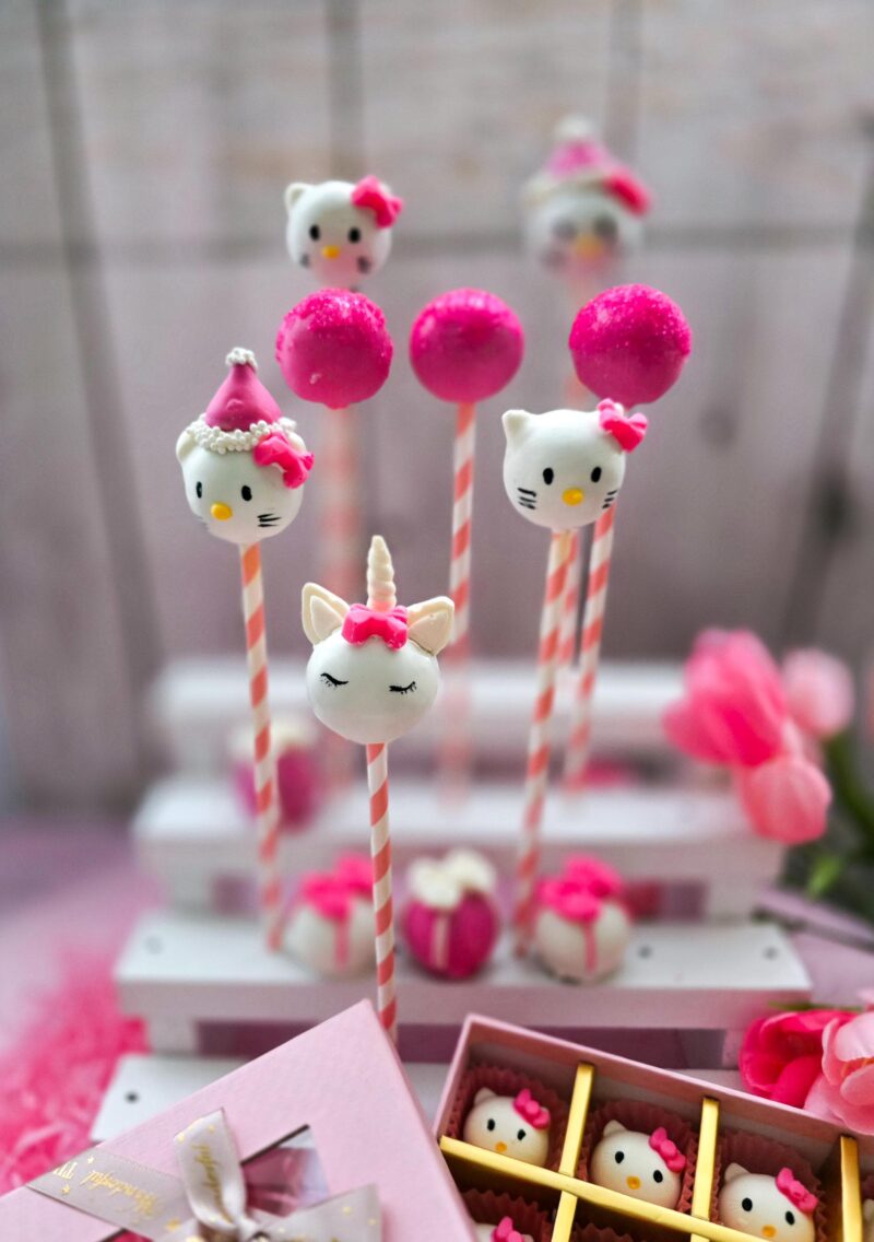 Hello kitty cake pops baby shower annyversary  birthday party pink white set of candies kitten pop - Image 4