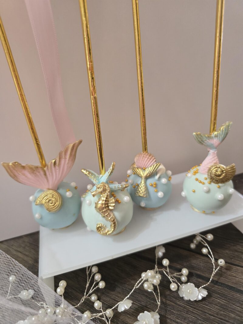 Mermaid tail shell seahorse dive into themed cake pops baby shower birthday anniversary reveal party best cakepops blue tile gold colors - Image 5