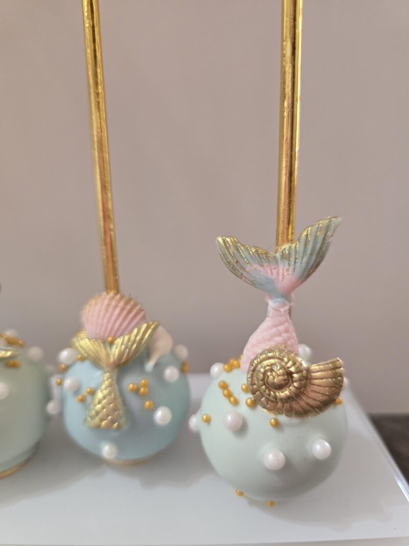 Mermaid tail shell seahorse dive into themed cake pops baby shower birthday anniversary reveal party best cakepops blue tile gold colors - Image 6