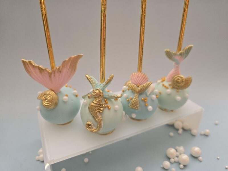 Mermaid tail shell seahorse dive into themed cake pops baby shower birthday anniversary reveal party best cakepops blue tile gold colors - Image 7
