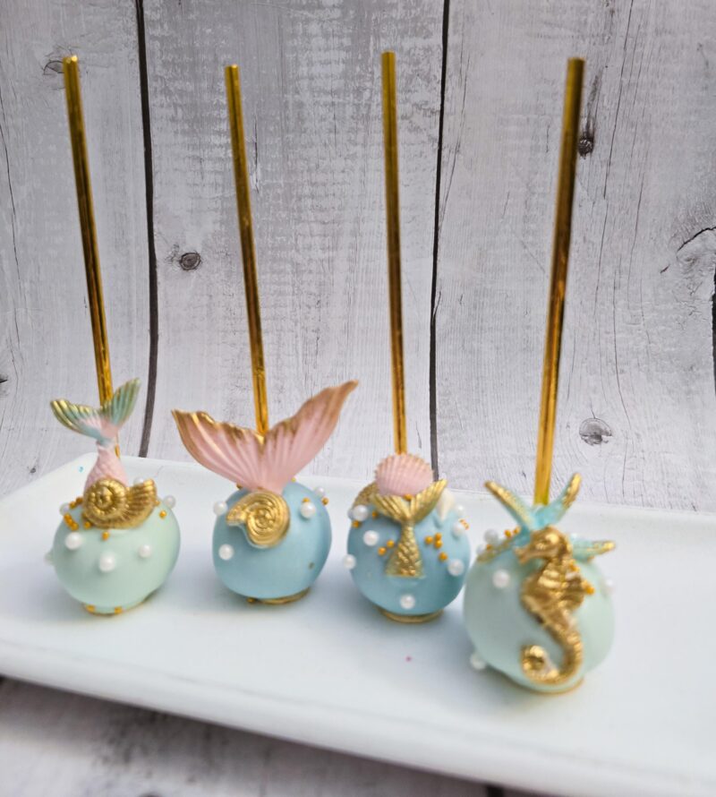 Mermaid tail shell seahorse dive into themed cake pops baby shower birthday anniversary reveal party best cakepops blue tile gold colors - Image 4
