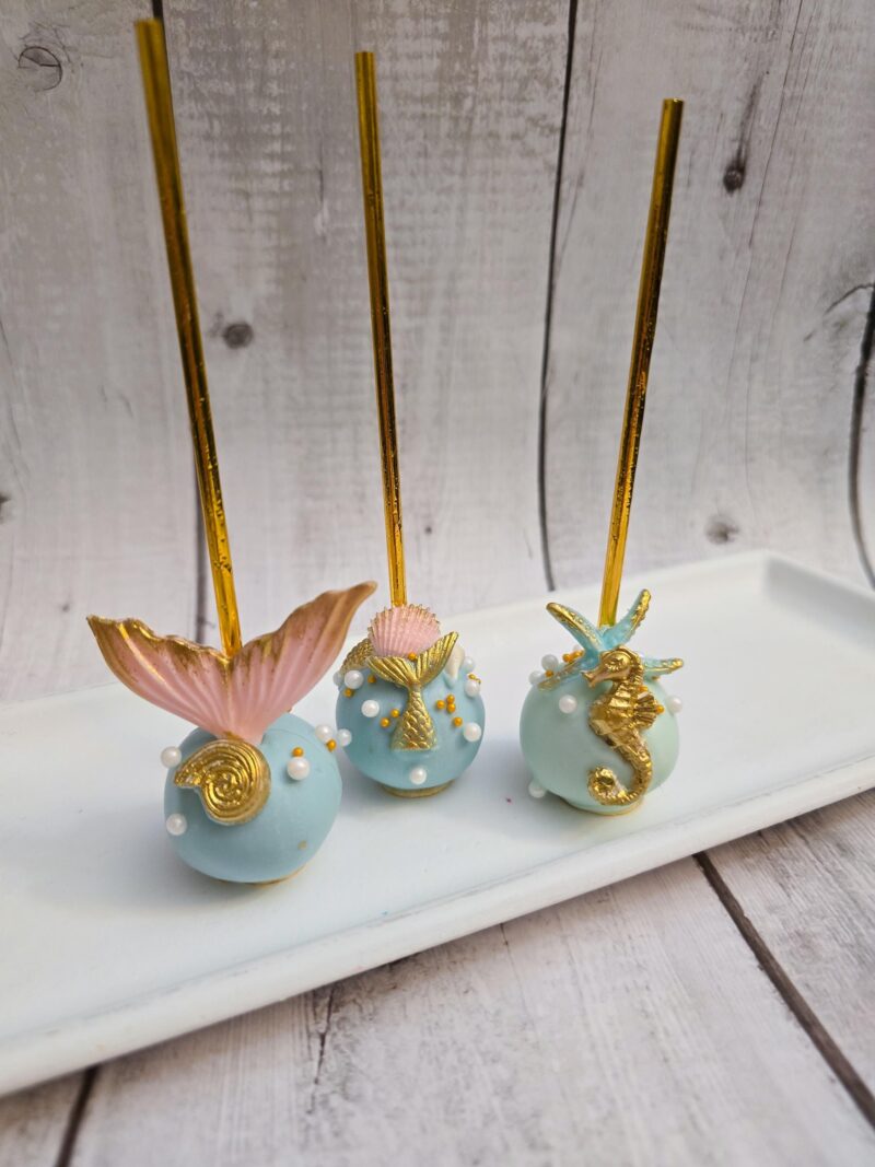 Mermaid tail shell seahorse dive into themed cake pops baby shower birthday anniversary reveal party best cakepops blue tile gold colors - Image 9
