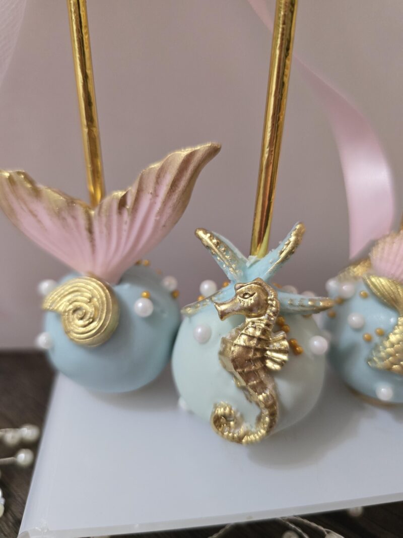 Mermaid tail shell seahorse dive into themed cake pops baby shower birthday anniversary reveal party best cakepops blue tile gold colors - Image 2