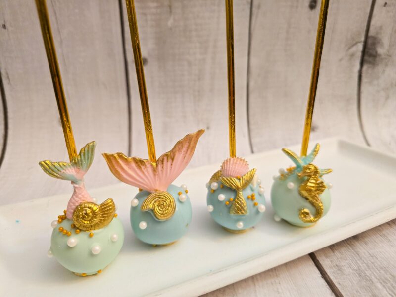 Mermaid tail shell seahorse dive into themed cake pops baby shower birthday anniversary reveal party best cakepops blue tile gold colors - Image 3