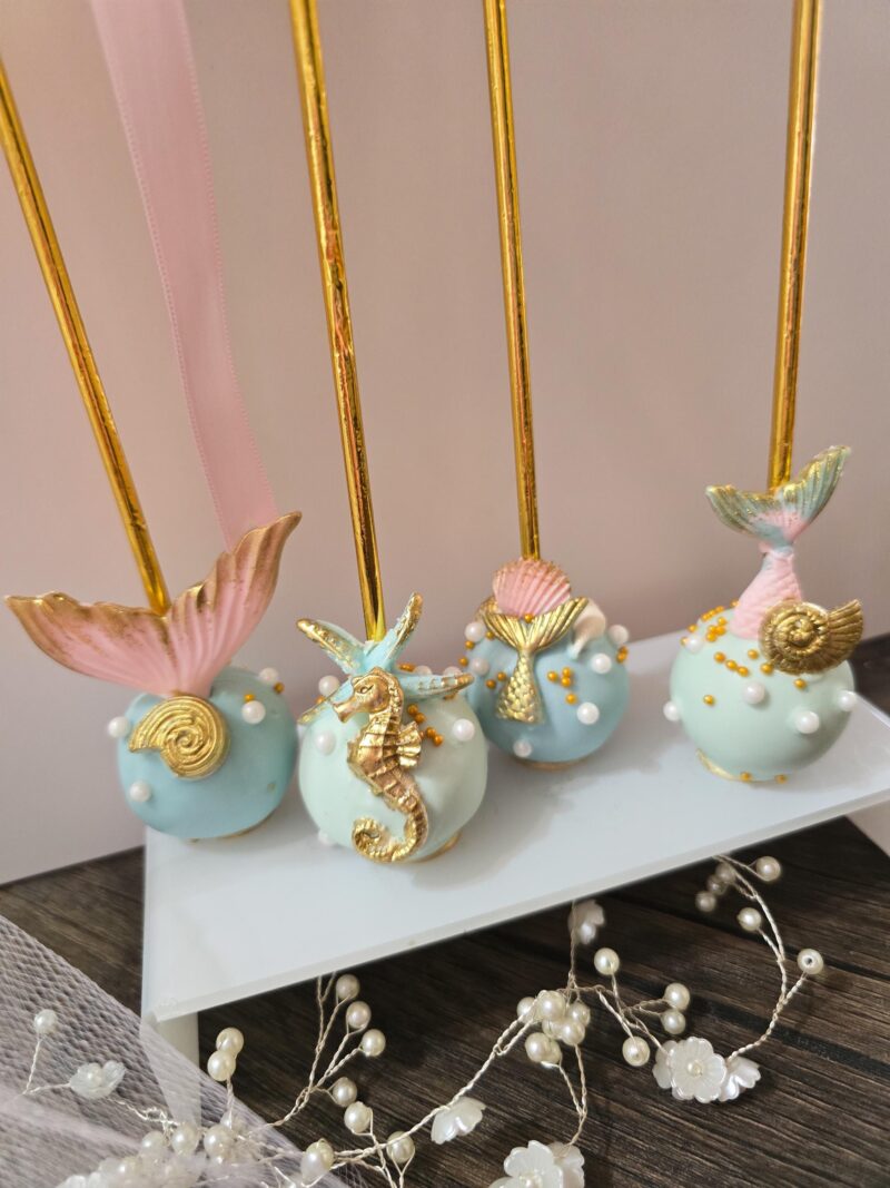 Mermaid tail shell seahorse dive into themed cake pops baby shower birthday anniversary reveal party best cakepops blue tile gold colors - Image 10
