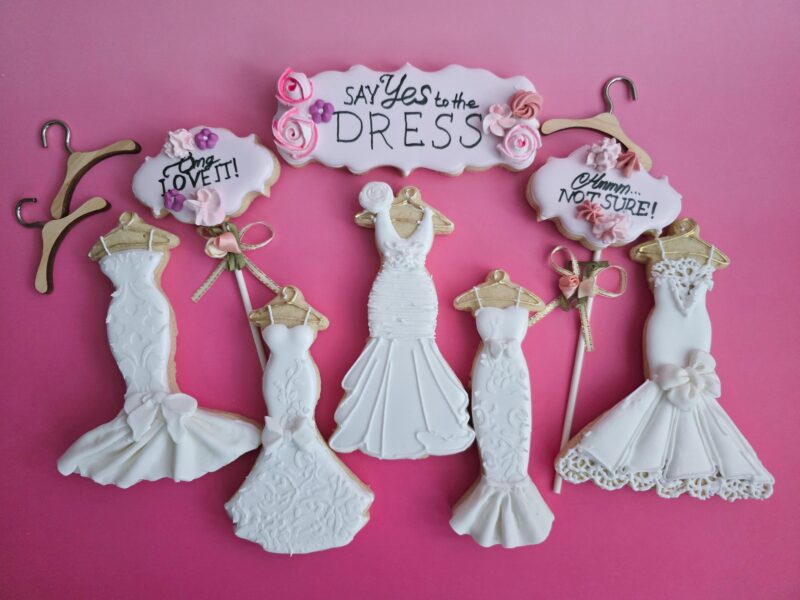 White wedding dresses with flowers bows say yes to the dress cookies Engagement party bridsmade  supplies shugar vanilla custom candy bar
