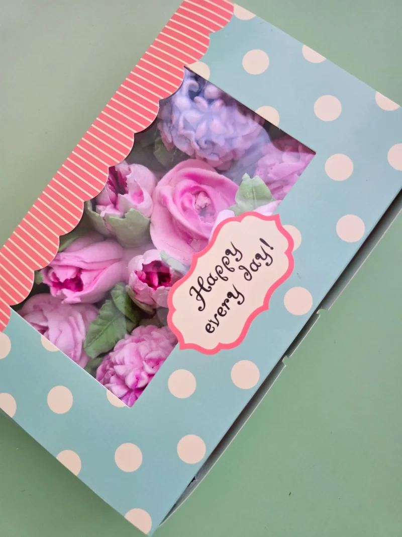 Marshmallow zephyr flowers rose hydrangea tulips adorable present for mom day birthday  anniversary gift pink purple in a box. - Image 6
