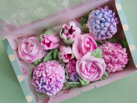 Marshmallow zephyr flowers rose hydrangea tulips adorable present for mom day birthday  anniversary gift pink purple in a box.