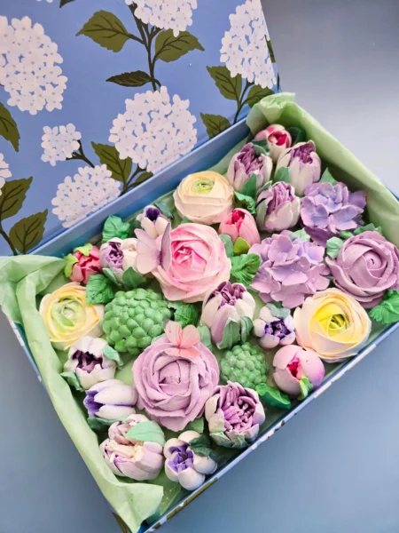 Marshmallow zephyr flowers rose hydrangea tulips adorable present for mom day birthday  anniversary gift pink purple 12×9 inches box