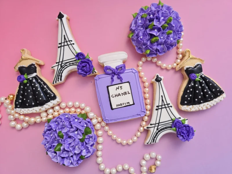 Paris set of decorated cookies  floral perfume chanel design tower eiffel moms day bridal shower woman girl teenager anniversary gift 1 dozen