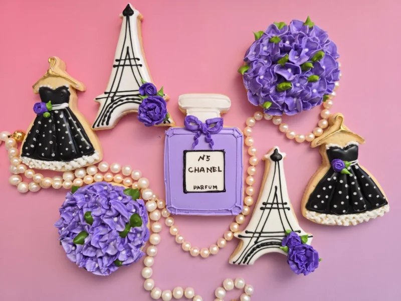 Paris set of decorated cookies  floral perfume chanel design tower eiffel moms day bridal shower woman girl teenager anniversary gift 1 dozen - Image 4