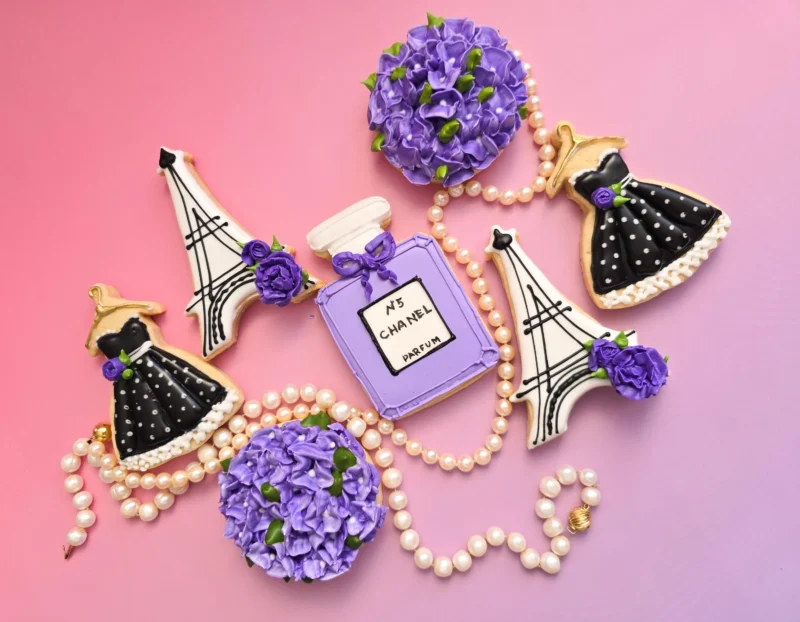 Paris set of decorated cookies  floral perfume chanel design tower eiffel moms day bridal shower woman girl teenager anniversary gift 1 dozen - Image 2